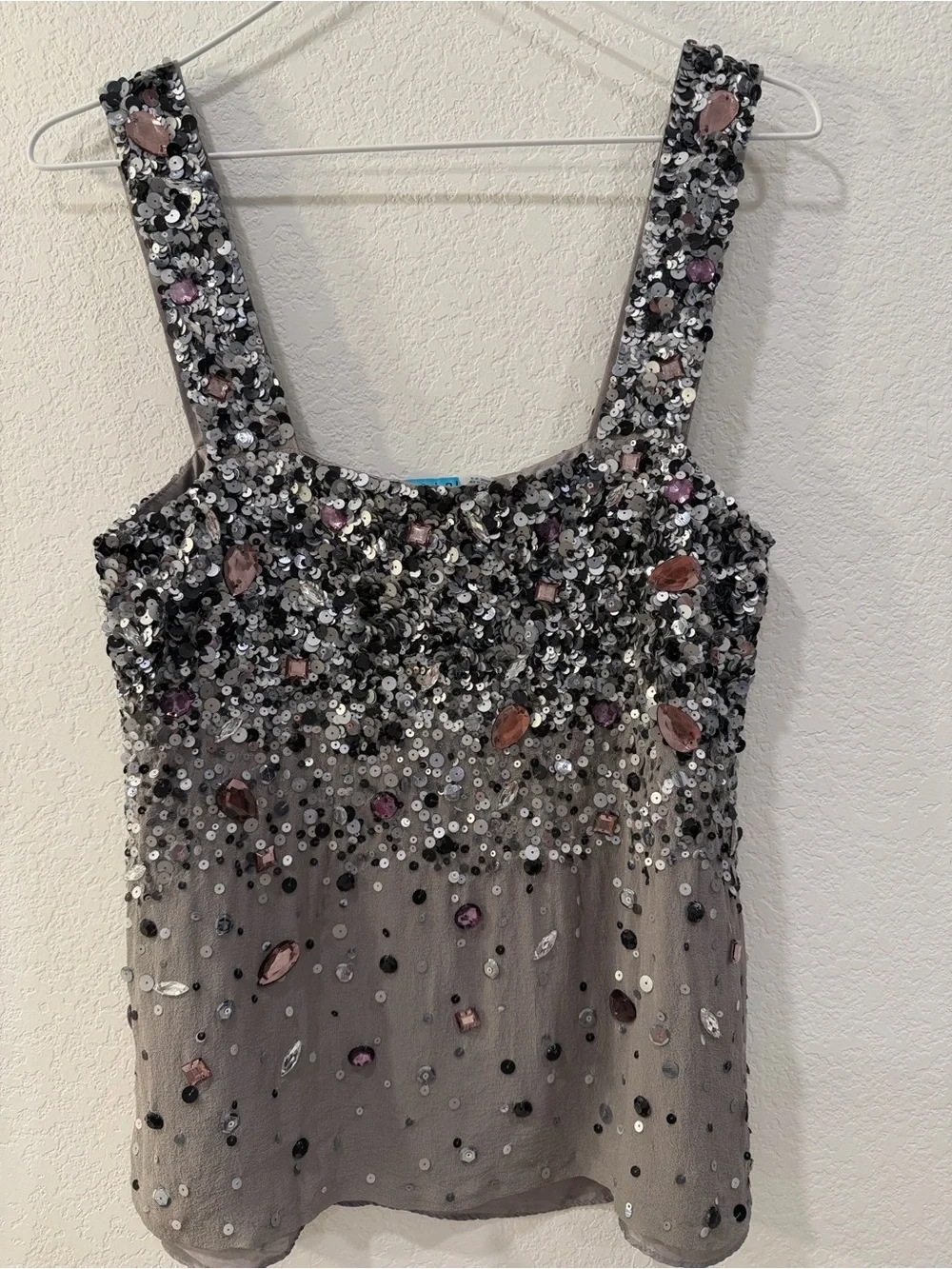Alice + Olivia 100% Silk Crystal and Gunmetal Sequined Top